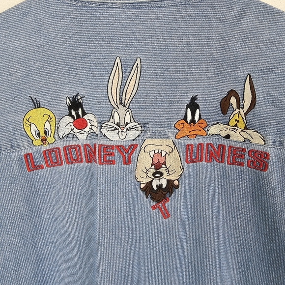 Vintage 1997 Warner Bros Studio Store Looney Tunes Embroidered Denim Shirt XL - Picture 4 of 10